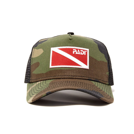 Diver Down Trucker Hat Olive Camo with Red/White Flag