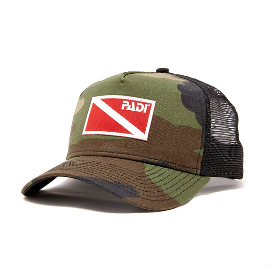 Diver Down Trucker Hat Olive Camo with Red/White Flag